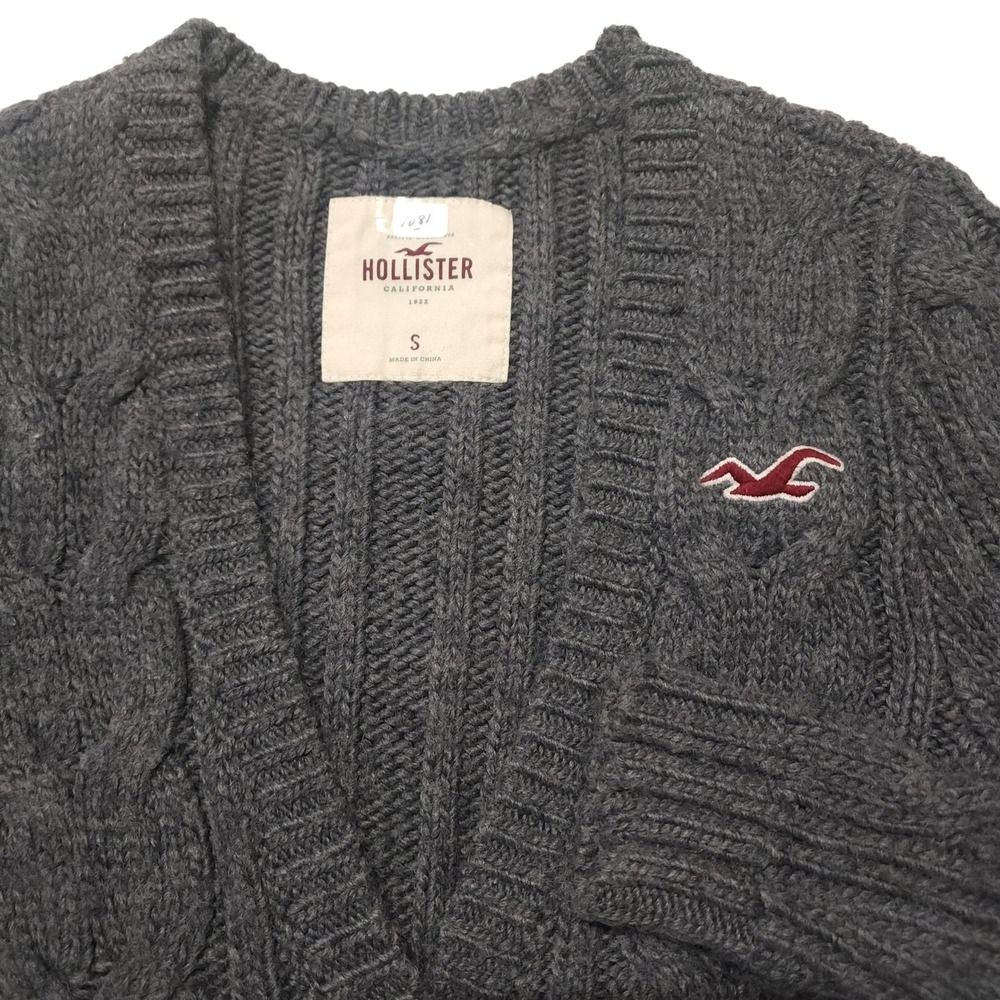 Hollister Cardigan Sweater Juniors S Gray Cable Knit V Neck Pockets Y2K